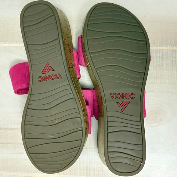 Vionic Pepper Pink Ruched Elastic Wedge Sandals Cork Platform Size 10 - Picture 6 of 9